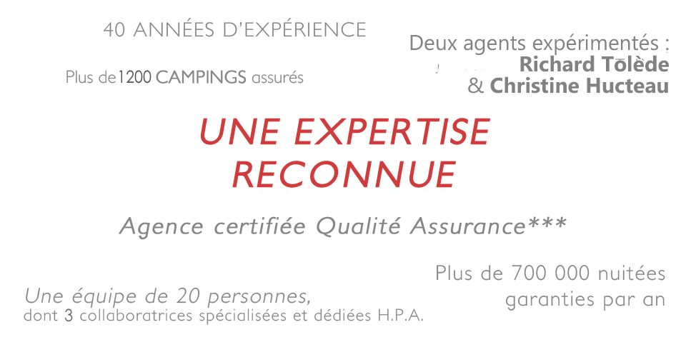 40 années d'expérience, Tolede HPA, 800 campings assurés, agence certifiée qualité assurance, 8000 clients, équipe de 20 personnes